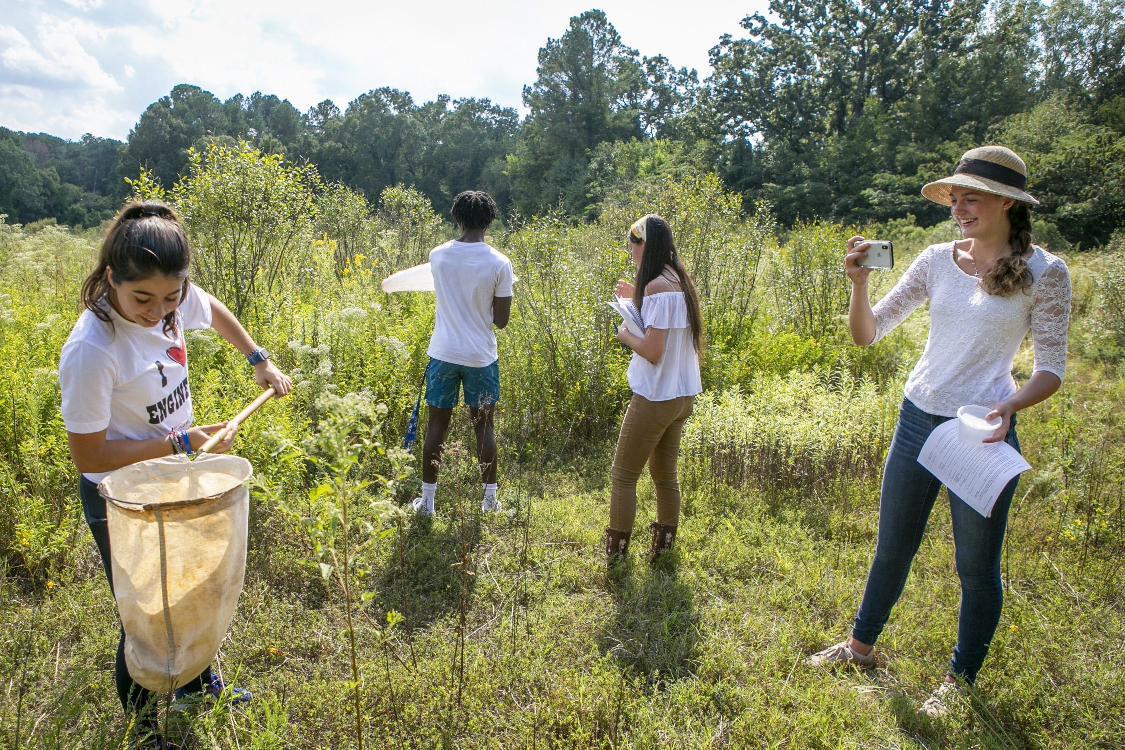 Four students attempt to net insects while standing in an open field.