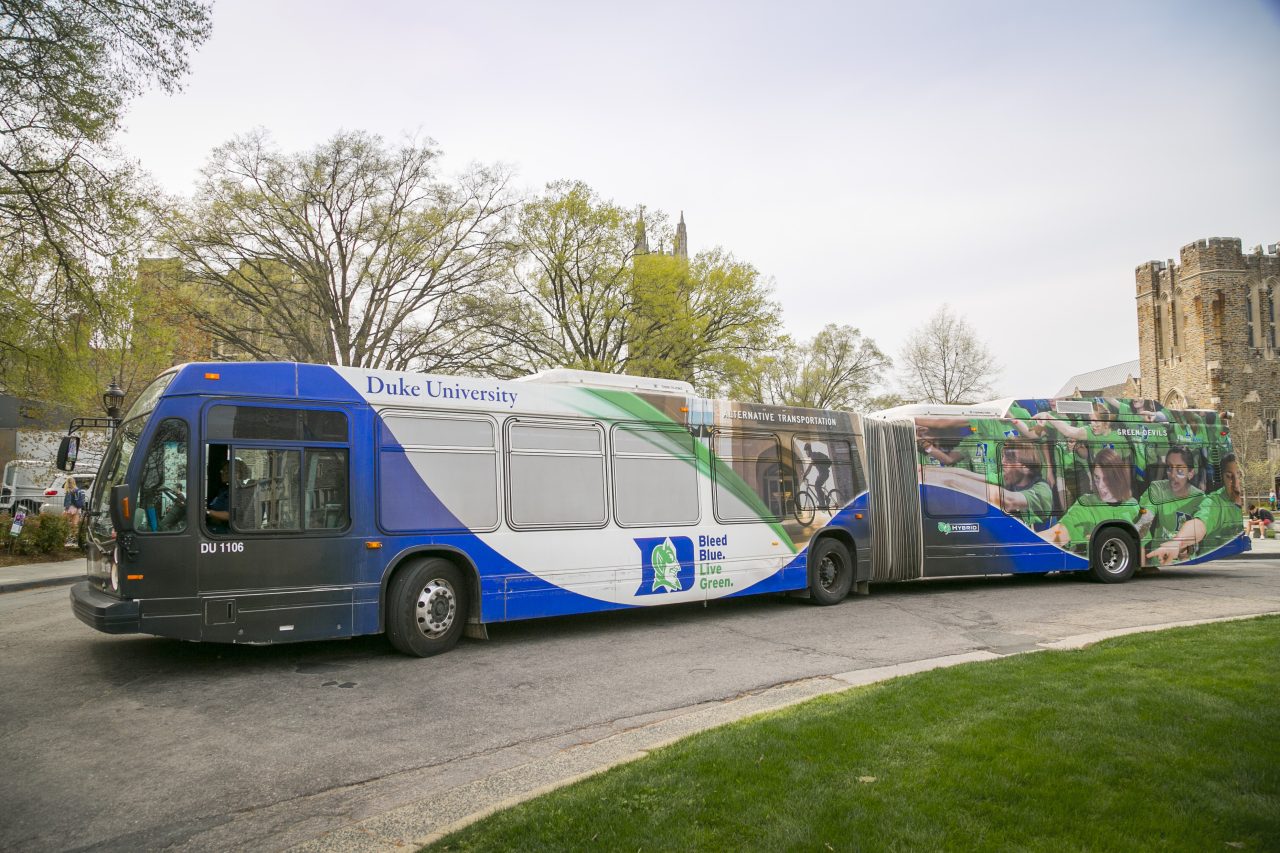 Duke's Bleed Blue, Live Green wrapped hybrid bus