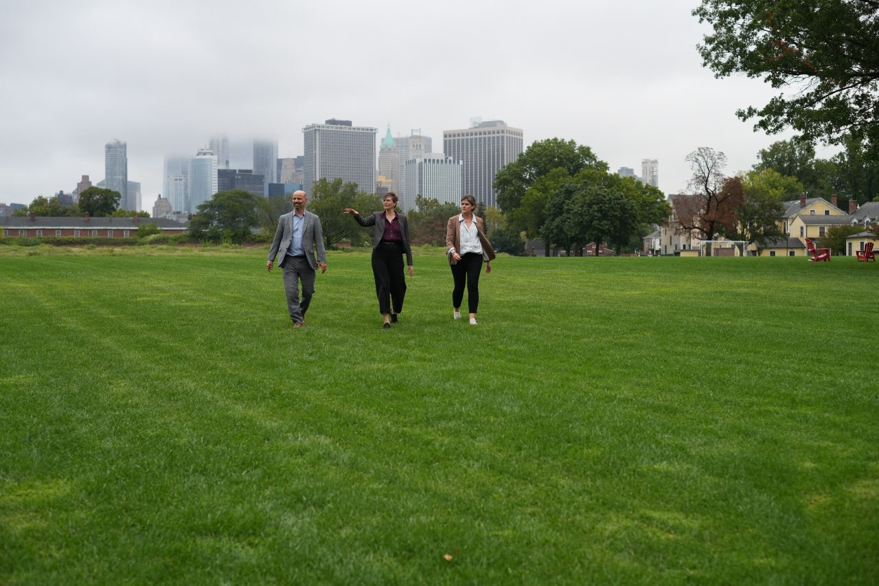 Toddi Steelman, Tim Profeta, and Sara Oliver walking on New York City's Governors Island.