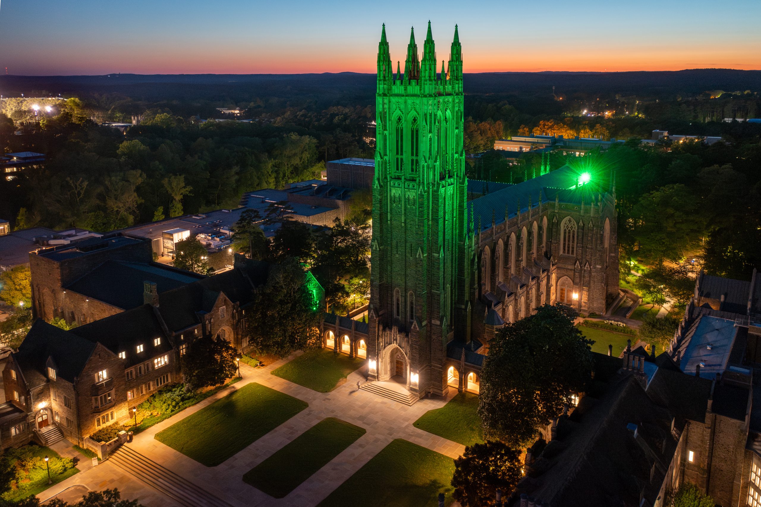 Duke Chapel with green lighting on Earth Day
