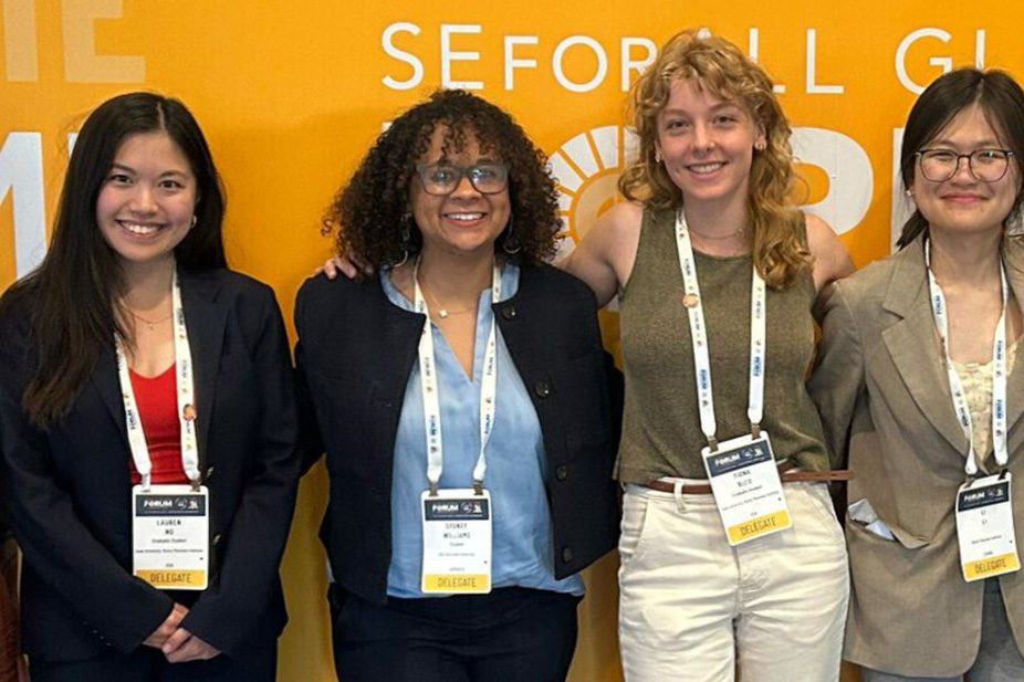 The student research team included, from left, Lauren Ng, Sydney Williams, Fiona Bleu, Leah Li and Noah Price (not pictured), all of whom graduated from the Nicholas School’s MEM program in May 2025.
